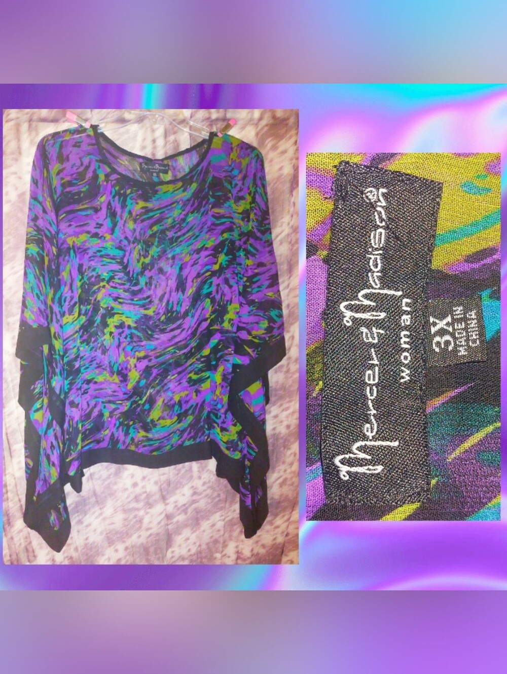 Mercer & Madison Black/Multiclr Abstract Swirls Sheer Woven Poncho Tunic Top 3X